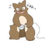  &lt;3 2019 anthro balls blush brown_body brown_fur fur japanese_text male mammal masturbation overweight penis sex_toy simple_background solo text tinntira white_background 