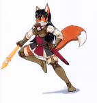  2019 anthro black_hair canid canine clothed clothing female fox fur green_eyes hair hi_res holding_object holding_sword holding_weapon looking_at_viewer mammal melee_weapon orange_body orange_fur simple_background smile solo standing sword tierafoxglove traditional_media_(artwork) weapon white_background 