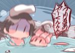  adeleine akiaki_popee black_hair blush_stickers bubble halberd_(airship) highres jumping kirby kirby_(series) onsen pink_hair ribbon_(kirby) speech_bubble splashing steam surprised towel towel_on_head translation_request underwater 