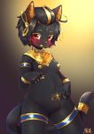  anthro armlet black_body black_fur black_hair blonde_hair blush bracelet breasts claws domestic_cat egyptian eye_of_horus felid feline felis female fur gold_nipples hair hi_res jewelry kemono mammal multicolored_hair navel nipples open_mouth pussy red_eyes shiitakemeshi small_breasts solo thighlet whiskers 