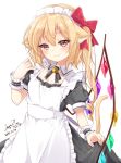  1girl alternate_costume animal_ear_fluff animal_ears apron bell black_dress blonde_hair blush bow breasts cat_ears cleavage commentary_request cowboy_shot crystal dated dress enmaided flandre_scarlet hair_bow hand_up haruki_(colorful_macaron) jingle_bell kemonomimi_mode long_hair maid maid_apron maid_headdress one_side_up puffy_short_sleeves puffy_sleeves red_bow short_sleeves signature simple_background skirt_hold solo standing touhou white_apron white_background wings wrist_cuffs yellow_eyes 