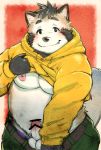  2019 anthro balls belly blush bottomwear canid canine clothing hi_res hoodie humanoid_hands humanoid_penis male mammal moobs nipples noko_illust overweight overweight_male pants penis raccoon_dog solo tanuki topwear 