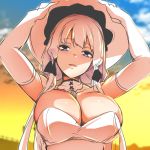  1girl arms_up azur_lane blue_eyes breasts character_request cleavage copyright_request eyebrows_visible_through_hair hair_ribbon hat illustrious_(azur_lane) large_breasts long_hair manabebebe ribbon sketch solo sunset white_hair 