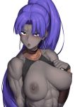  1girl abs assassin_(fate/zero) bare_shoulders blush breasts dark_skin fate/grand_order fate/zero fate_(series) female_assassin_(fate/zero) hakai_shin highres large_breasts long_hair looking_at_viewer nipples parted_lips purple_eyes purple_hair simple_background solo toned very_long_hair white_background 