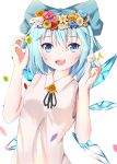  1girl absurdres alternate_costume arms_up bare_arms black_ribbon blue_eyes blue_flower blue_hair blue_rose breasts cirno daisy eyebrows_visible_through_hair fang flower hair_between_eyes hair_ribbon hands_in_hair head_wreath highres leaning_to_the_side looking_at_viewer mero_(ly21207) open_mouth petals pink_flower pink_rose ribbon rose shirt simple_background sleeveless sleeveless_shirt small_breasts solo standing touhou upper_body upper_teeth white_background white_flower white_rose white_shirt wings 