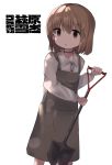  1girl :o apron bangs blush brown_apron brown_eyes brown_hair collared_shirt commentary_request eyebrows_visible_through_hair hagiwara_yukiho hair_between_eyes highres holding holding_shovel houjichaoic idolmaster idolmaster_(classic) long_sleeves looking_at_viewer parted_lips shirt shovel simple_background solo translation_request white_background white_shirt 