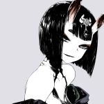  1girl bangs bob_cut eyelashes eyeliner fang fate/grand_order fate_(series) grey_background hair_ornament horns japanese_clothes makeup monochrome oni oni_horns open_mouth short_eyebrows short_hair shuten_douji_(fate/grand_order) simple_background skin-covered_horns solo spot_color susumu thick_eyebrows upper_body 