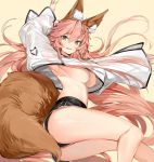  1girl :d absurdres animal_ear_fluff animal_ears arm_up armpit_peek ass bangs beige_background black_shorts blush breasts brown_eyes cropped_jacket eyebrows_visible_through_hair fate/extra fate_(series) fox_ears fox_girl fox_hair_ornament fox_tail hair_between_eyes hair_ornament hairclip highres jacket large_breasts long_hair long_sleeves looking_at_viewer navel open_mouth pink_hair round_teeth short_shorts shorts silver_(chenwen) simple_background sleeves_past_wrists smile solo tail tamamo_(fate)_(all) tamamo_no_mae_(fate) teeth underboob upper_teeth very_long_hair white_jacket wide_sleeves 