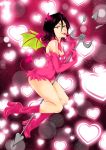  1girl :p absurdres black_hair bleach boots breasts demon_girl demon_tail demon_wings dress heart hermit_tanuki highres horns kuchiki_rukia pink_dress platform_boots platform_footwear polearm purple_eyes short_hair small_breasts solo succubus tail tongue tongue_out trident weapon wings 