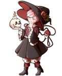  1girl boots candle eyeball food_themed_hair_ornament frilled_shirt_collar frills hair_ornament halloween halloween_costume hand_on_own_chin hat heart holding komeiji_satori long_sleeves mefomefo pink_eyes pink_hair puffy_pants pumpkin_hair_ornament shoes short_hair simple_background skull solo thinking third_eye touhou wide_sleeves witch_costume witch_hat 