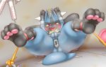  2019 3_toes alacarte anthro anus arms_above_head bdsm black_body black_fur blue_body blue_fur blush bodily_fluids bound butt canid canine feet female fingers forced fur gag gagged grey_background lucario mammal multicolored_body multicolored_fur nintendo open_mouth pawpads pok&eacute;mon pok&eacute;mon_(species) pussy red_eyes shaking simple_background solo spikes spread_legs spreading sweat tears teeth thick_thighs toes tongue trembling video_games yellow_body yellow_fur 