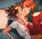  2girls brown_hair closed_eyes couch couple emily_(overwatch) freckles goggles goggles_on_head happy kiss long_hair multiple_girls official_art overwatch red_hair shadow shirt short_hair sitting spiked_hair sweater tracer_(overwatch) white_shirt yuri 