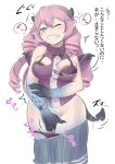  2018 blush bodily_fluids bottomwear bra breasts c-3matome clenched_teeth clothing demon female hair horn horn_growth human_to_humanoid humanoid humanoid_pointy_ears japanese_text masturbation one_eye_closed pink_hair simple_background skirt solo spade_tail spikes tail_growth tears teeth text torn_clothing transformation underwear white_background wing_growth wings 