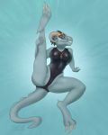  absurd_res anthro argonian bethesda bethesda_softworks circlet claws clothed clothing female fully_clothed grin hi_res horn jewelry looking_at_viewer necklace one-piece_swimsuit pawpadcomrade raised_leg ring rubber scalie simple_background sitting smile solo swimwear the_elder_scrolls video_games 