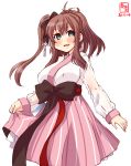  1girl alternate_costume artist_logo black_ribbon blush breasts brown_hair cosplay covered_nipples cowboy_shot dated feet_out_of_frame green_eyes hair_between_eyes hair_ornament hanbok hanbok_lift highres kanon_(kurogane_knights) kantai_collection korean_clothes large_breasts long_hair long_sleeves looking_at_viewer namesake open_mouth pink_skirt ribbon saratoga_(azur_lane) saratoga_(hibiscus-scented_idol)_(azur_lane) saratoga_(kantai_collection) sash side_ponytail signature simple_background skirt solo traditional_clothes white_background 