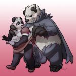  1:1 2019 absurd_res anthro balls black_body black_fur blush bodily_fluids butt clothed clothing cum drooling duo erection fur genital_fluids hi_res izvy_(artist) male mammal nintendo overweight overweight_male pangoro penis pok&eacute;mon pok&eacute;mon_(species) saliva simple_background video_games white_body white_fur 
