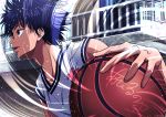  1boy absurdres ahiru_no_sora basketball basketball_jersey black_eyes black_hair highres indoors isami_don kurumatani_sora male_focus motion_blur railing solo spiked_hair sweat 