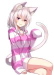  1girl animal_ear_fluff animal_ears bangs blush breasts cat_ears cat_girl cat_tail character_request collarbone copyright_request crossed_legs eyebrows_visible_through_hair hair_between_eyes hood hooded_jacket jacket looking_at_viewer medium_breasts medium_hair open_mouth paw_pose pink_jacket purple_eyes sidelocks silver_hair simple_background sitting sleeves_past_fingers sleeves_past_wrists solo striped_jacket tail takehana_note thighs virtual_youtuber white_background 