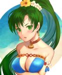  1girl bare_shoulders bikini blue_bikini blush breasts cleavage cleavage_cutout collarbone earrings fire_emblem fire_emblem:_the_blazing_blade fire_emblem_heroes flower green_eyes green_hair jewelry jurge large_breasts long_hair looking_at_viewer lyn_(fire_emblem) outside_border ponytail seashell shell simple_background smile solo strapless strapless_bikini swimsuit upper_body v-shaped_eyebrows 