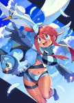  1girl bangs bird blue_eyes blue_footwear blue_gloves blush boots breasts cloud crop_top dark_skin eyebrows_visible_through_hair feathers fuuro_(pokemon) gen_5_pokemon gloves gym_leader hair_between_eyes hair_ornament highres holding holding_poke_ball iroyopon medium_breasts midriff navel one_side_up open_mouth poke_ball pokemon pokemon_(creature) pokemon_(game) pokemon_bw red_hair sidelocks sky swanna swoobat thigh_strap 