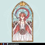  1girl bouquet commentary commission dress english_commentary faceless flower hair_between_eyes hair_ornament jewelry kinokashi lamia long_hair miia_(monster_musume) monster_girl monster_musume_no_iru_nichijou necklace pointy_ears red_hair scales solo stained_glass tail very_long_hair wedding_dress white_dress 