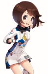  alternate_costume brown_eyes brown_hair female_protagonist_(pokemon_swsh) gonzarez highres pokemon pokemon_(game) pokemon_swsh short_hair shorts simple_background smile sportswear white_background 