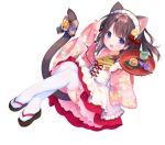  1girl :d animal_ear_fluff animal_ears apron bell black_footwear blush bow brown_hair cat_ears cat_girl cat_tail commentary_request floral_print frilled_apron frills full_body holding holding_tray japanese_clothes jingle_bell kimono long_hair long_sleeves looking_at_viewer maid_headdress open_mouth origami original paper_crane pinching_sleeves pink_kimono piyodera_mucha pleated_skirt print_kimono purple_eyes red_skirt simple_background skirt sleeves_past_wrists smile solo tail tail_bell tail_bow thighhighs tray wa_maid white_apron white_background white_legwear wide_sleeves 
