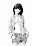  1girl black_hair breasts cowboy_shot greyscale hands_in_pockets hare-kon. highres jewelry looking_at_viewer maezono_koharu medium_breasts monochrome navel non_(mangaka) open_clothes open_shirt ring short_shorts shorts simple_background standing wedding_ring white_background 