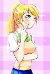  1girl absurdres ayase_eli bangs birthday blonde_hair blue_eyes blue_skirt blush bow bowtie buttons collared_shirt earrings eyebrows_visible_through_hair green_bow green_neckwear hair_bow happy_birthday highres huge_filesize jewelry loafers long_hair looking_at_viewer love_live! love_live!_school_idol_project neckwear one_eye_closed otonokizaka_school_uniform pleated_skirt ponytail ryopa school_uniform scrunchie shirt shoes short_hair short_sleeves skirt smile solo striped striped_bow striped_neckwear sweater_vest vest white_scrunchie 