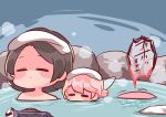  adeleine akiaki_popee black_hair blush_stickers bubble closed_eyes closed_mouth halberd_(airship) highres kirby kirby_(series) onsen pink_hair ribbon_(kirby) speech_bubble steam towel towel_on_head translation_request underwater 