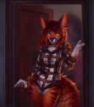  anthro canid canine chest_tuft claws clothed clothing door doorway female fox fur hair inner_ear_fluff looking_at_viewer mammal milkwyvern orange_body orange_fur panties shirt smile solo standing topwear tuft underwear white_body white_fur 