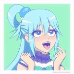  1girl ahegao aqua_(konosuba) artist_name bangs blue_eyes blue_hair blush bow collar eyebrows_visible_through_hair eyelashes framed_image frilled_collar frills furrowed_eyebrows green_background hair_between_eyes hair_ornament hair_rings heart highres inktober instagram_username kono_subarashii_sekai_ni_shukufuku_wo! long_hair looking_up nose_blush open_mouth oral_invitation pointing pointing_at_self round_teeth sexually_suggestive shiny shiny_hair sidelocks simple_background smile solo symbol_in_eye tareme teeth tongue tongue_out upper_body vanillapuddingsnack 