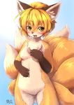  anthro blonde_hair blush breasts brown_eyes canid canine chest_tuft featureless_breasts female fox hair hi_res inner_ear_fluff kemono mammal multi_tail nude open_mouth ran_yakumo shiitakemeshi short_hair small_breasts solo touhou tuft video_games 