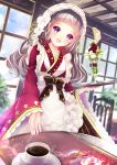  1girl :d bangs bow brown_bow ceiling chair coffee coffee_cup cup day disposable_cup hane_segawa highres holding holding_tray indoors long_hair long_sleeves looking_at_viewer open_mouth original parfait purple_eyes smile table tray wa_maid wide_sleeves window 