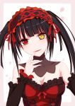  1girl :d absurdres asymmetrical_hair bare_shoulders black_hair blush breasts cleavage clock_eyes date_a_live detached_collar detached_sleeves finger_to_mouth gothic_lolita hairband heterochromia highres lolita_fashion lolita_hairband looking_at_viewer medium_breasts open_mouth red_eyes smile solo symbol-shaped_pupils tokisaki_kurumi twintails upper_body user_znjd5487 yellow_eyes 