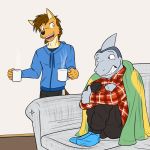 1:1 anthro bedding blanket canid canine canis clothed clothing coyote cup duo fish fully_clothed furniture fuze hi_res hoodie ian_(fuze) legwear male mammal marine mond_reyes shark socks sofa texnatsu topwear 