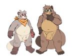  2019 anthro balls belly brown_body brown_fur canid canine duo flaccid fur gazpacho green_eyes humanoid_hands humanoid_penis male mammal navel overweight overweight_male penis raccoon_dog simple_background tanuki white_background 
