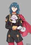 13degree 1girl absurdres byleth_(fire_emblem) byleth_(fire_emblem)_(female) cape closed_mouth cosplay cravat edelgard_von_hresvelg edelgard_von_hresvelg_(cosplay) fire_emblem fire_emblem:_three_houses garreg_mach_monastery_uniform gloves highres looking_at_viewer red_cape short_hair simple_background solo uniform 