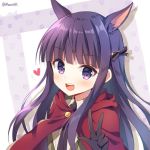  1girl :d animal_ear_fluff animal_ears bangs black_bow black_gloves black_neckwear blush bow brown_vest cloak collared_shirt commentary_request eyebrows_visible_through_hair gloves hair_bow heart hood hood_down hooded_cloak kirihara_kasumi long_hair looking_at_viewer mauve necktie open_mouth princess_connect! princess_connect!_re:dive purple_eyes purple_hair red_cloak round_teeth shirt smile solo teeth twitter_username upper_body upper_teeth vest w white_shirt 