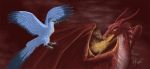  2019 avian beak bird black_beak blue_body blue_feathers dragon duo feathers ferak horn membrane_(anatomy) membranous_wings red_body red_scales scales scalie teeth the-black-panther western_dragon wings 