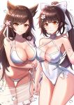  &gt;:( 2girls animal_ear_fluff animal_ears atago_(midsummer_march)_(azur_lane) azur_lane bangs bare_shoulders bikini blush bow breasts brown_hair casual_one-piece_swimsuit choker cleavage closed_mouth collarbone criss-cross_halter eyebrows_visible_through_hair flower hair_bow hair_flower hair_ornament halterneck high_ponytail highres holding_hands interlocked_fingers large_breasts leaning_forward long_hair looking_at_viewer mole mole_under_eye multiple_girls one-piece_swimsuit ribbon rothy_(user_cezn8425) sarong see-through side-tie_bikini simple_background smile swept_bangs swimsuit takao_(beach_rhapsody)_(azur_lane) thigh_gap thighs v-shaped_eyebrows very_long_hair white_background white_bikini white_bow white_choker white_ribbon white_swimsuit wristband 