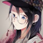  1girl akizuki_hakuto baseball_cap black_hair blue_eyes blurry clothes_writing depth_of_field earrings glasses hair_between_eyes hair_down hat idolmaster idolmaster_shiny_colors jewelry mitsumine_yuika parted_lips portrait round_eyewear simple_background solo white-framed_eyewear 