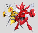  ambiguous_gender arthropod beedrill clothing duo esasi8794 insect insect_wings nintendo pok&eacute;mon pok&eacute;mon_(species) red_body red_eyes scizor simple_background sting video_games wings yellow_body yellow_eyes 