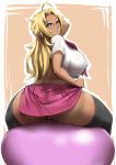  ass ball black_legwear blonde_hair blue_eyes blush breasts energy_kyouka!! from_behind highres large_breasts packge panties pantyshot pink_panties shiraishi_kyouka sitting_on_ball smile solo spread_legs thick_thighs thighhighs thighs underwear uniform zettai_ryouiki 