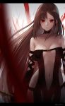 1girl artist_name bangs bare_shoulders black_collar black_dress black_gloves blurry blurry_foreground breasts brown_hair center_opening choker collar collarbone consort_yu_(fate) depth_of_field dress ear_piercing elbow_gloves expressionless fate/grand_order fate_(series) gloves harukana_(harukana_10) letterboxed long_hair looking_at_viewer medium_breasts navel piercing red_eyes revealing_clothes revision solo strapless strapless_dress sword very_long_hair weapon wind 
