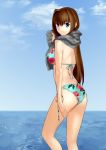  1girl absurdres aozaki_aoko arm_at_side ass bikini blue_eyes blue_sky breasts brown_hair cloud cqqz0707 floral_print from_side hair_between_eyes highres long_hair looking_at_viewer mahou_tsukai_no_yoru medium_breasts sky smile solo swimsuit water 