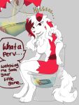  2019 anthro anus bodily_fluids breasts canid canine close-up dialogue english_text female fur genital_fluids hair hi_res looking_at_viewer lycanroc mammal nintendo nipples nude omorashi open_mouth peeing pok&eacute;mon pok&eacute;mon_(species) pussy raveneevee red_body red_fur side_boob simple_background solo speech_bubble teeth text toilet tongue urine video_games water watersports wet white_body white_fur 