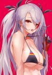  51poiuy absurdres antenna_hair azur_lane bangs bare_arms bare_shoulders bikini breasts cleavage commentary_request covered_nipples eyebrows_visible_through_hair flag_print frown german_flag_bikini gloves grey_hair highres large_breasts long_hair looking_at_viewer mole mole_on_breast multicolored_hair narrowed_eyes prinz_eugen_(azur_lane) prinz_eugen_(unfading_smile)_(azur_lane) red_background red_eyes simple_background stomach strap_pull streaked_hair swimsuit tongue tongue_out upper_body 