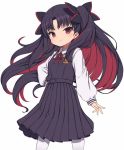  &gt;:) 1girl bangs black_dress black_hair blush closed_mouth collared_shirt commentary_request dress eyebrows_visible_through_hair fate/grand_order fate_(series) gamuo hair_ornament ishtar_(fate/grand_order) long_hair long_sleeves multicolored_hair neck_ribbon pantyhose parted_bangs pinafore_dress pleated_dress puffy_long_sleeves puffy_sleeves red_eyes red_hair red_ribbon ribbon shirt simple_background sleeveless sleeveless_dress sleeves_past_wrists smile solo space_ishtar_(fate) two-tone_hair two_side_up v-shaped_eyebrows very_long_hair white_background white_legwear white_shirt 