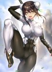  1girl abs arm_up backlighting bangs black_hair blue_sky bodysuit breasts bun_cover chinese_clothes covered_navel day double_bun fate/grand_order fate_(series) fingerless_gloves gloves green_eyes green_ribbon hair_between_eyes hair_ribbon highres holding holding_weapon leg_up looking_at_viewer medium_breasts nasaniliu open_mouth outdoors polearm qin_liangyu_(fate) revision ribbon sky smile solo standing standing_on_one_leg thighs weapon 